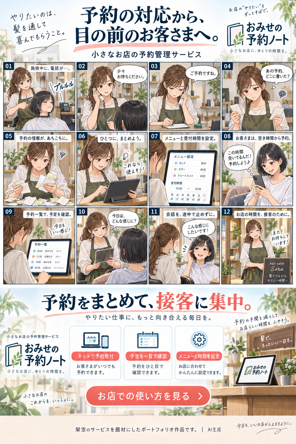 おみせの予約ノートの宣材作品。散らばる予約メモをまとめて、接客に向き合う。小さな美容室の日常から、予約管理サービスの使い方を伝えます。