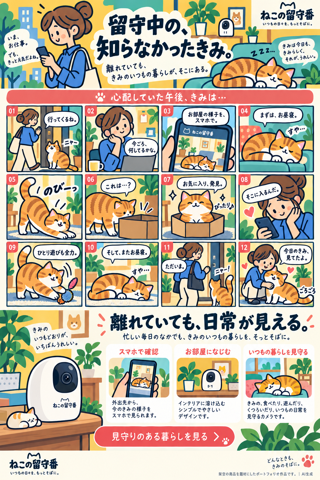 ねこの留守番の宣材作品。留守中の猫は、何をしている? 飼い主の心配と、猫の気ままな一日を交互に描く見守りカメラの宣材です。