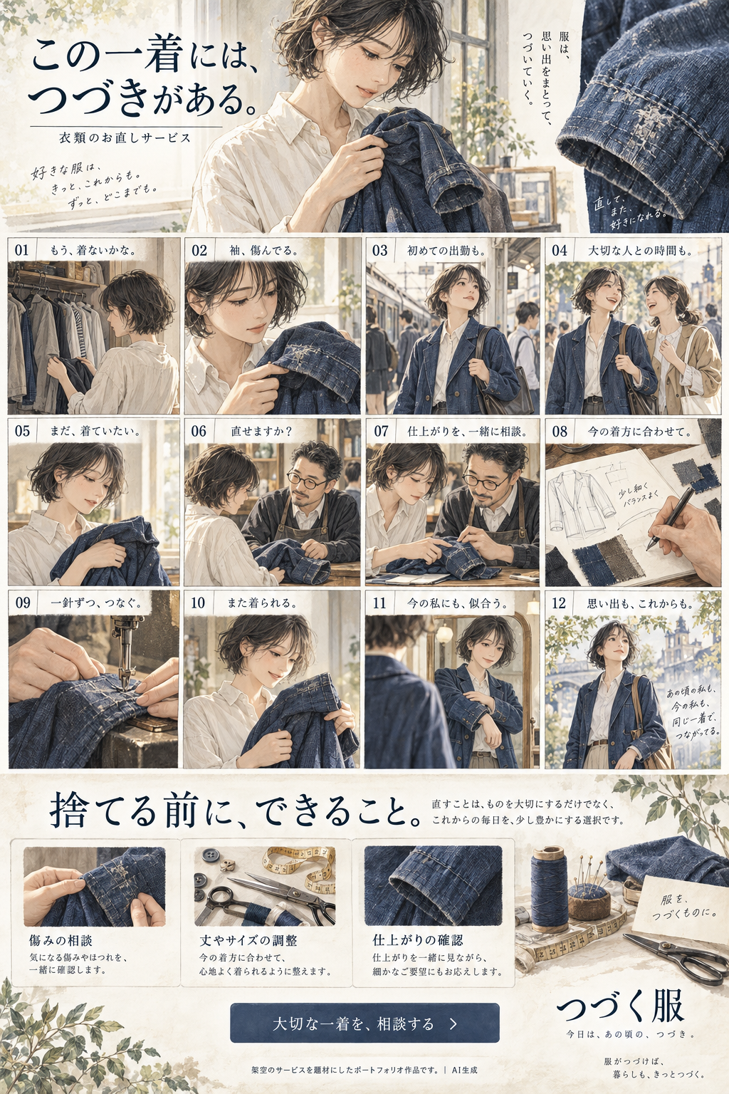つづく服の宣材作品。傷んだ袖から、思い出がよみがえる。大切な一着を今の自分に合わせて着続ける、お直しサービスの物語です。