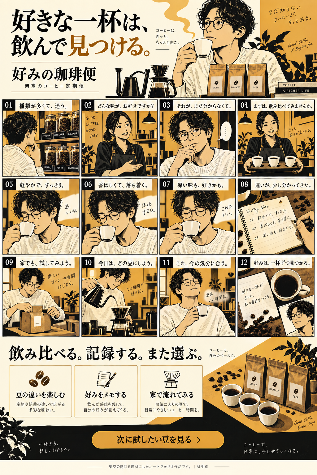 好みの珈琲便の宣材作品。何が好きか、まだ分からない。飲み比べと味のメモを通じて、自分の一杯を見つけるコーヒーの物語です。
