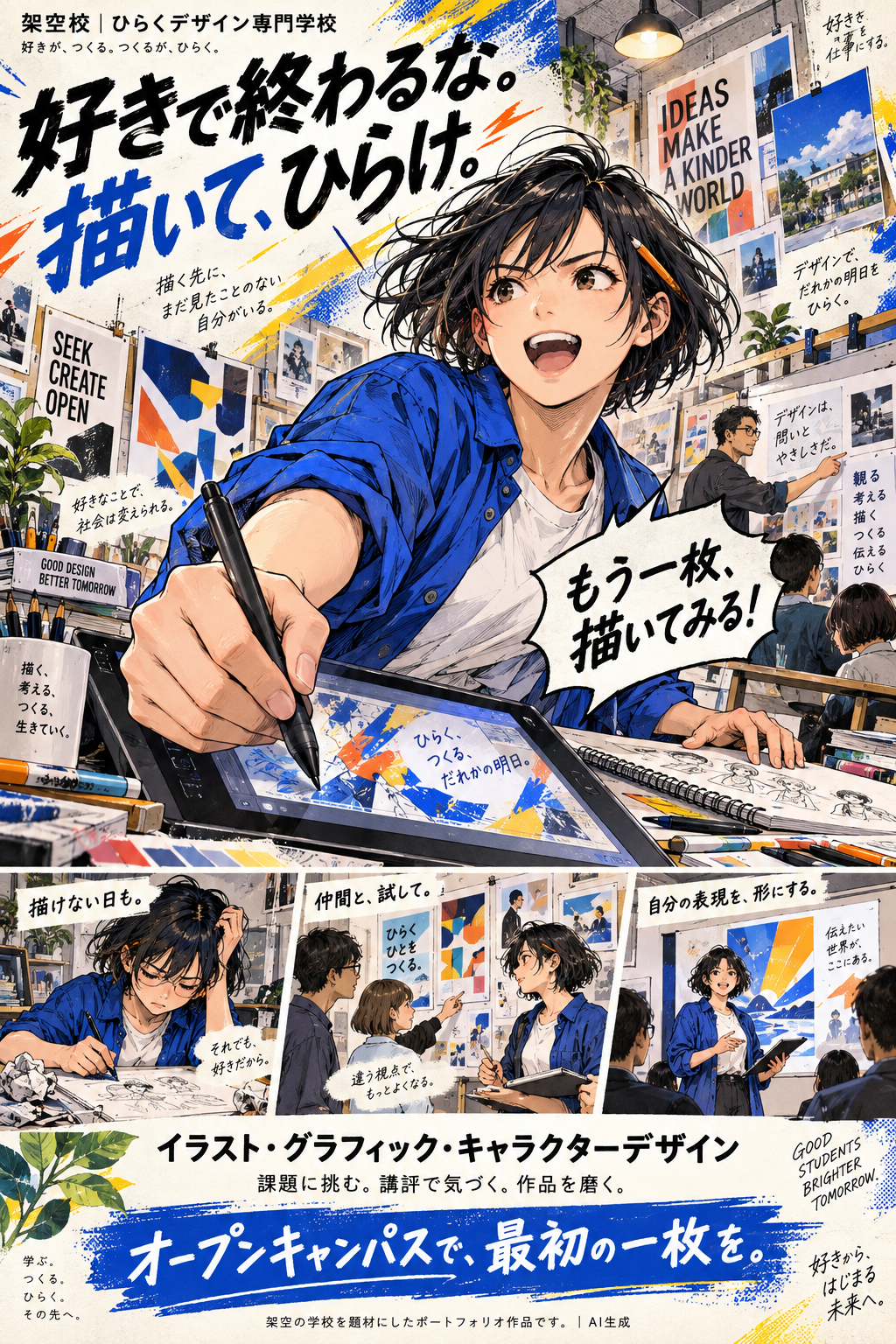 ひらくデザイン専門学校の宣材作品。描けない日も、仲間と試して、自分の表現を形にする。学びと成長を少年漫画の勢いで描いた学校広告です。