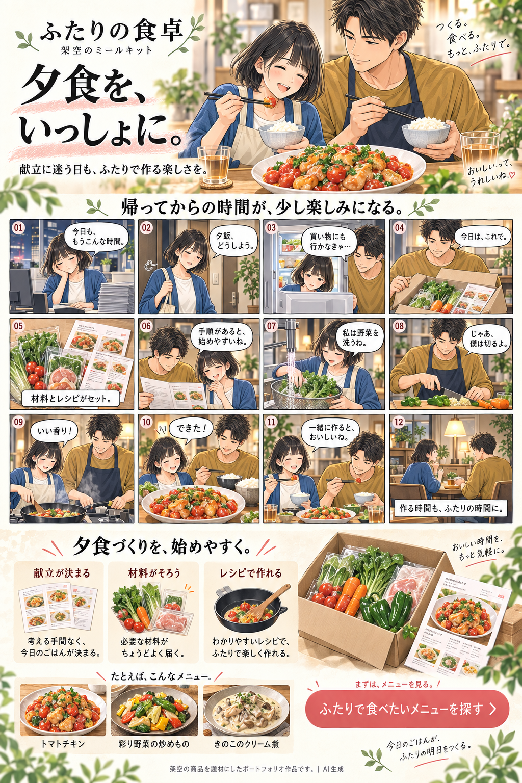 ふたりの食卓の宣材作品。献立に迷う夜から、二人で料理を楽しむ食卓へ。商品の説明を、暮らしの中の体験として描きました。