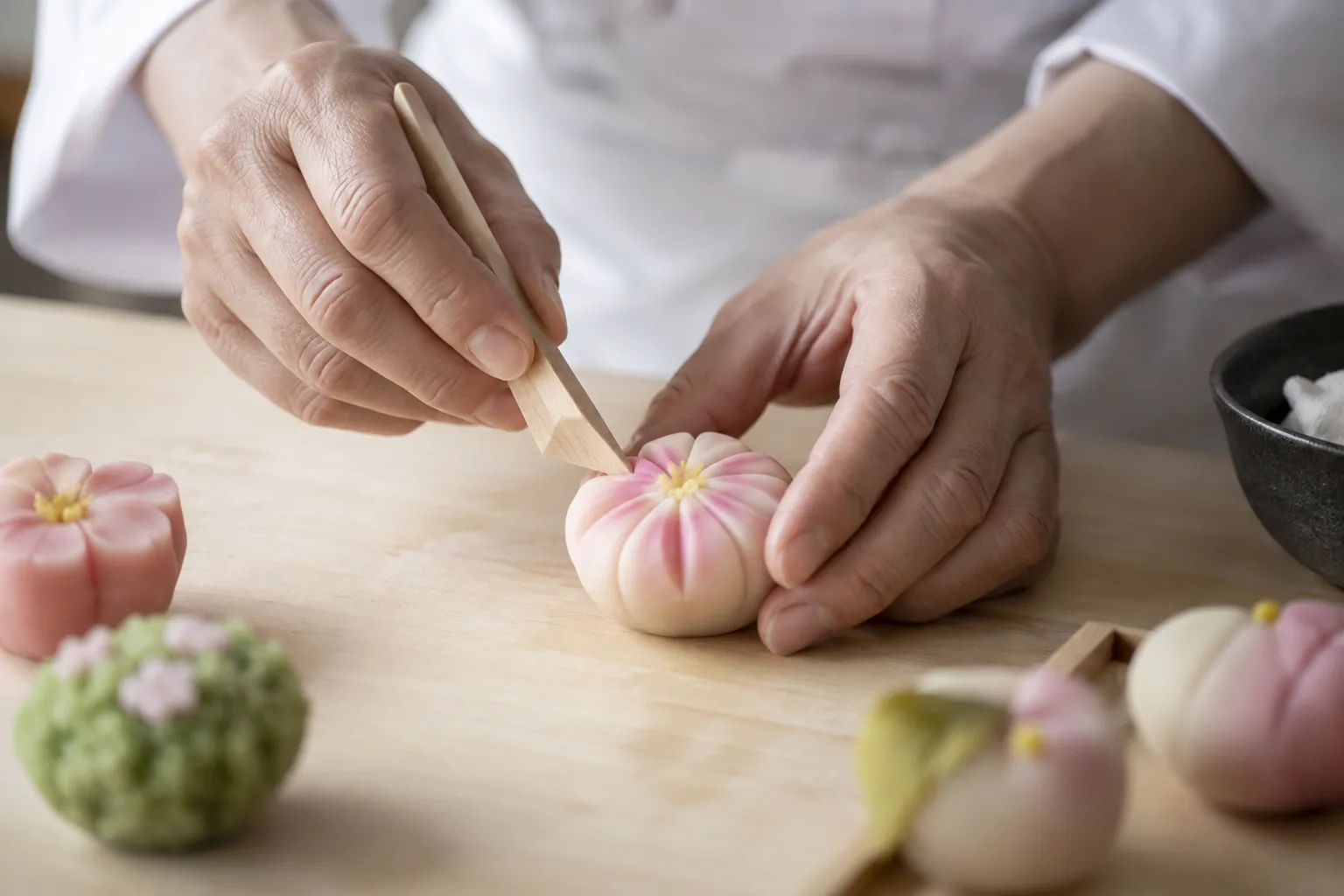 三角べらで練り切りの花びらを刻む職人の手