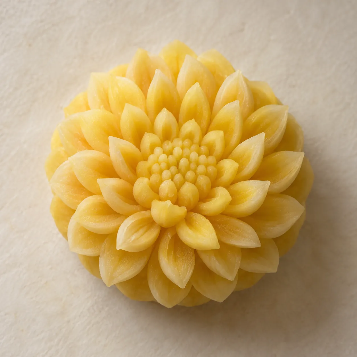 菊をかたどった、淡い黄色の練り切りの接写