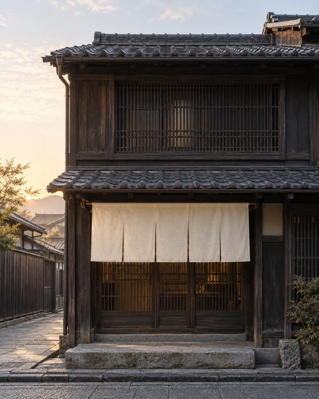 夜明けの空の下、木の格子と生成りの暖簾の店構え