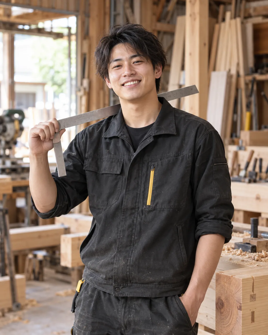 差し金を肩に担いで笑う、若手の大工