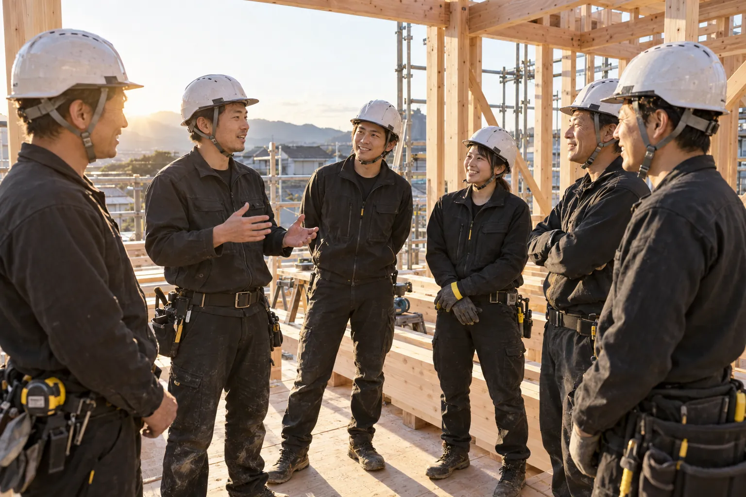 朝の現場で輪になり、朝礼をする大工たち