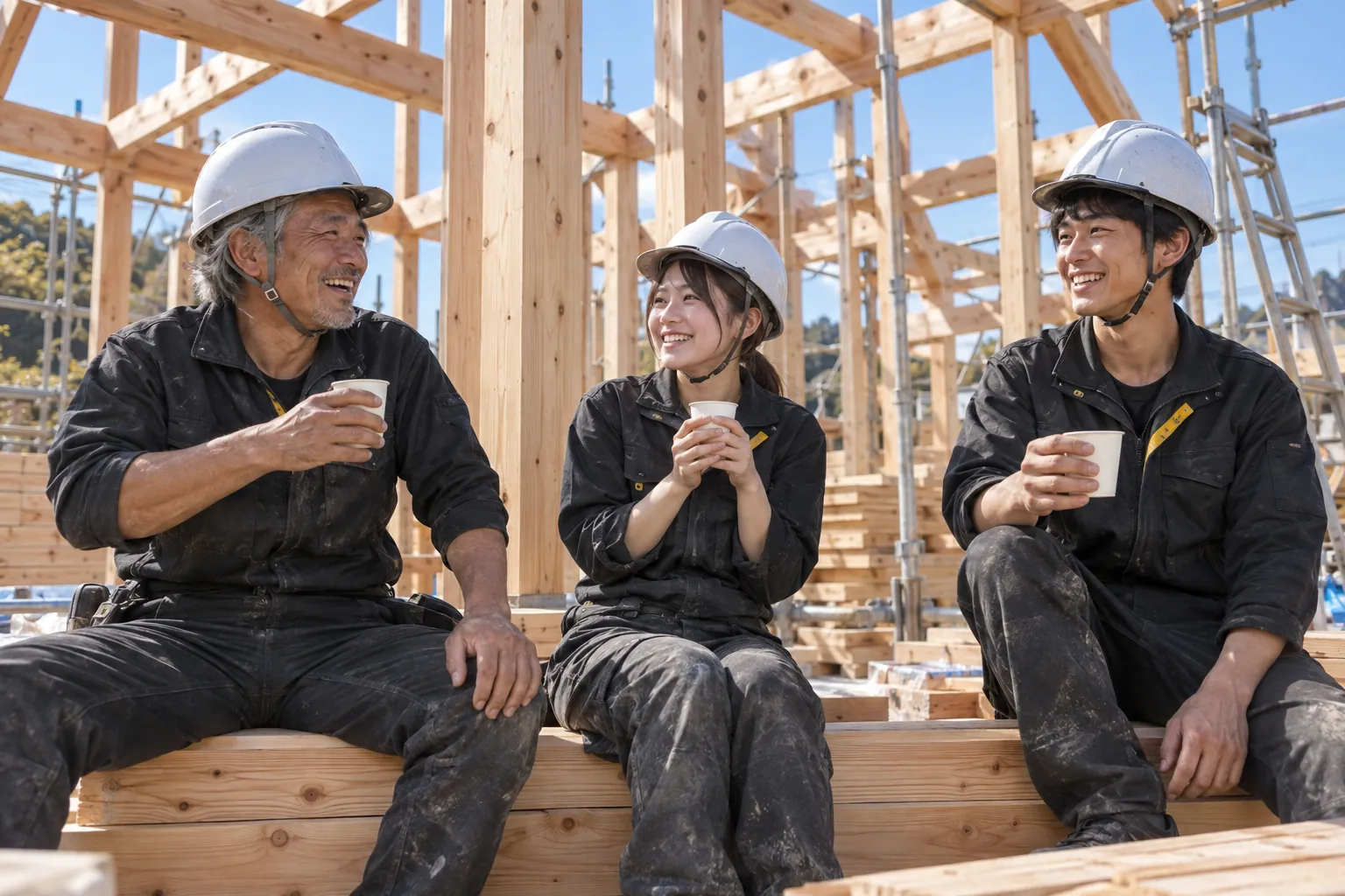 現場で紙コップのお茶を手に、笑いながら一服する大工たち