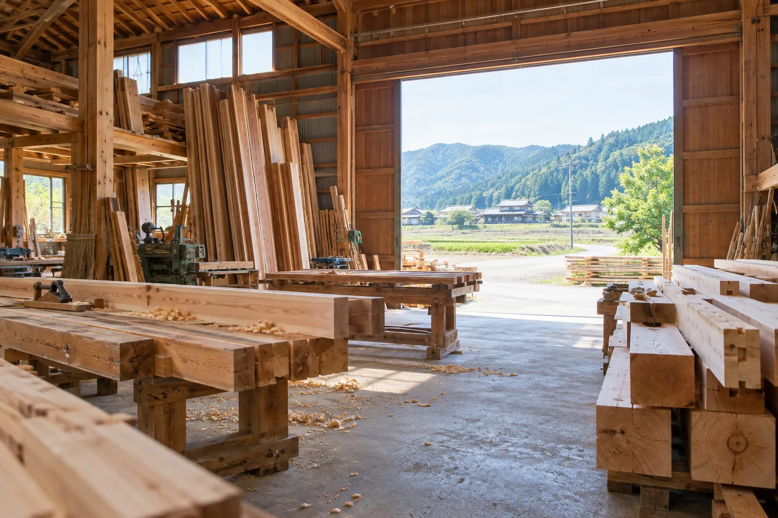 杉の梁が積まれた、広い作業場