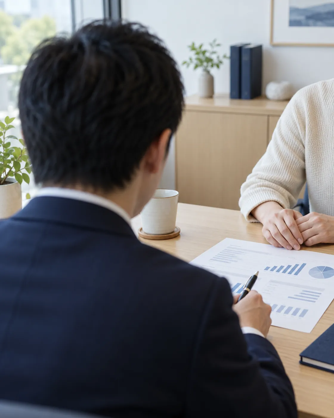 試算表を指しながら相談する手元