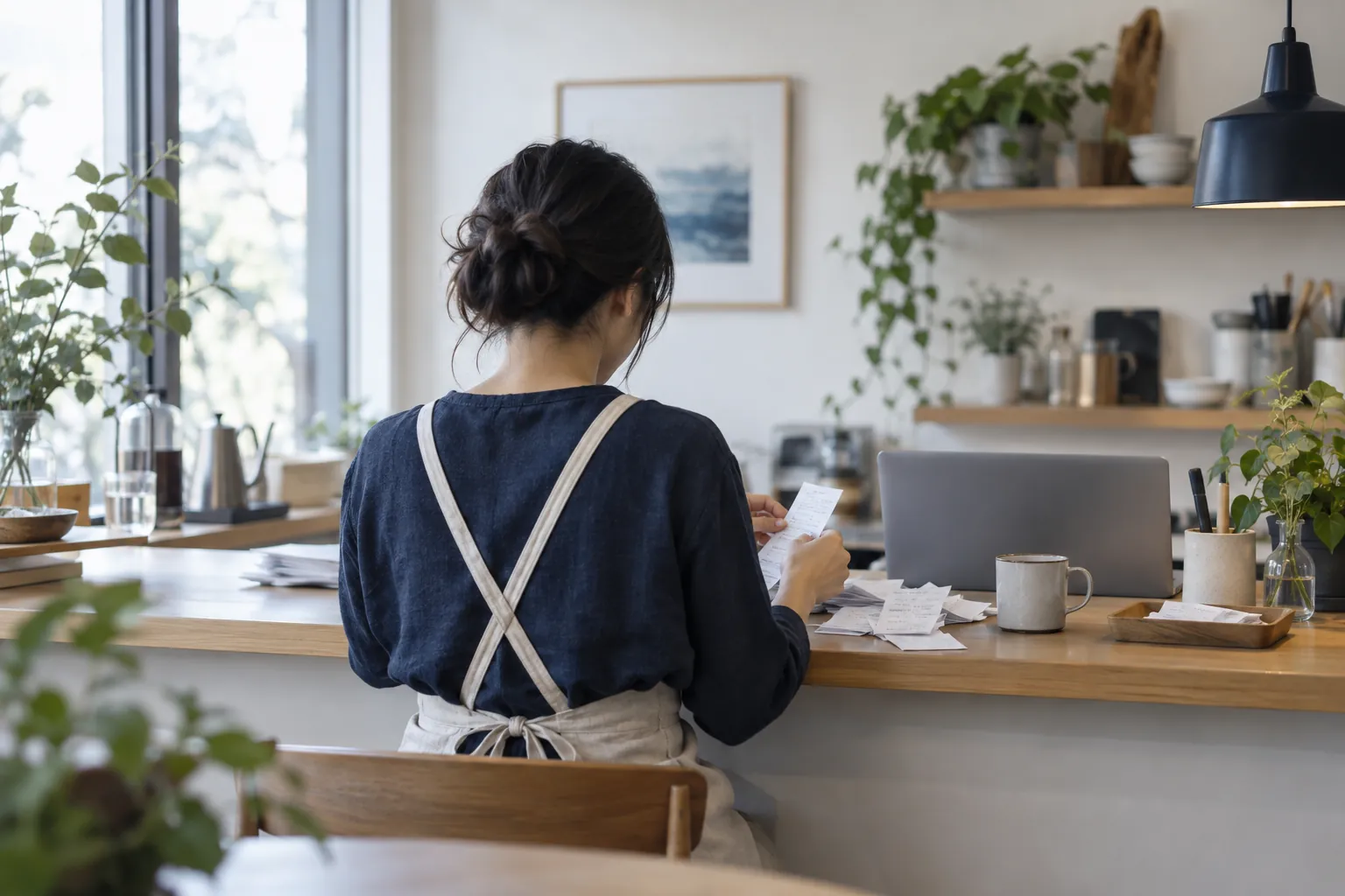小さな店のカウンターでレシートを整理する店主の後ろ姿