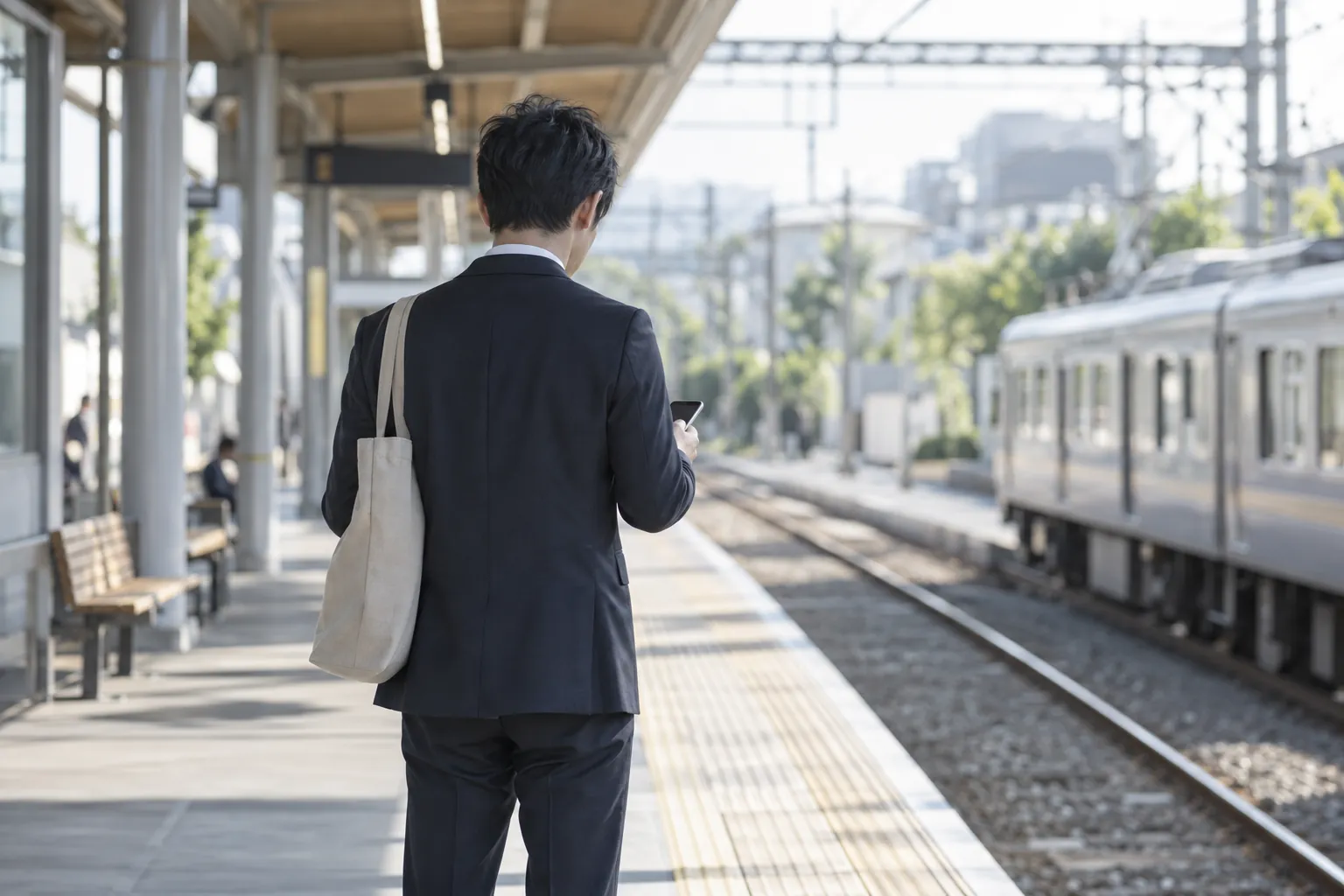 朝の駅のホームで、スマホを手にした会社員の後ろ姿