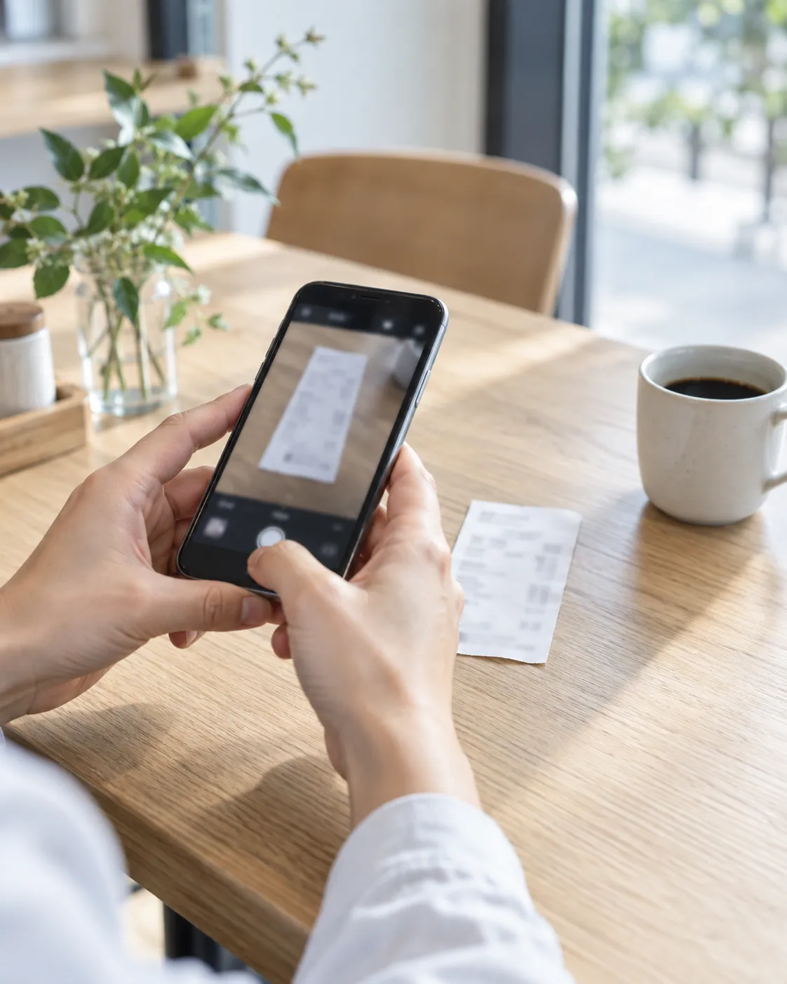 カフェの机で、スマホでレシートを撮影する手元