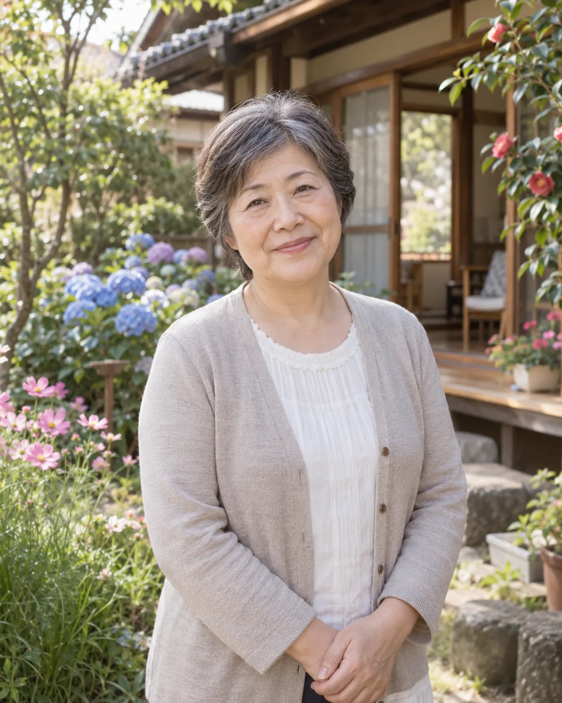 庭に立ち、おだやかに笑う施設長