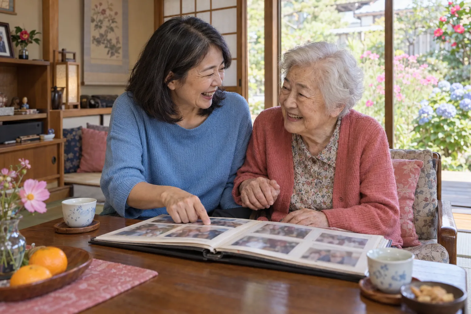 居間で、アルバムを見ながら笑う母と娘