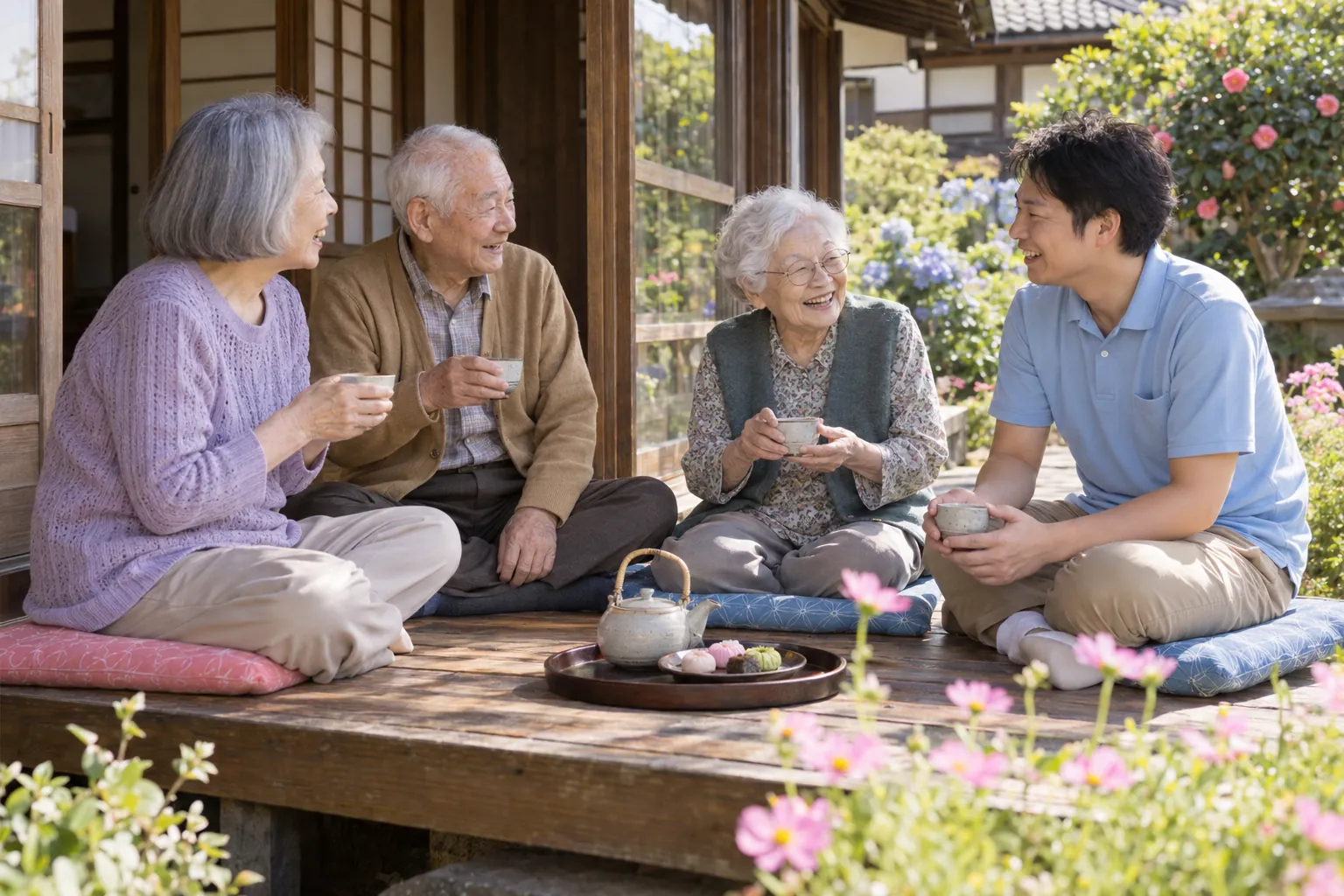 縁側で、お茶とお菓子を囲む入居者と職員