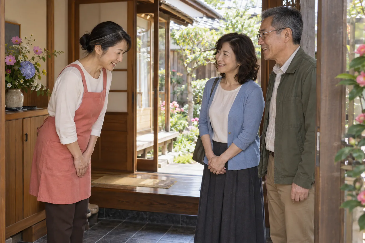 玄関で、見学に来たご夫婦を迎える職員