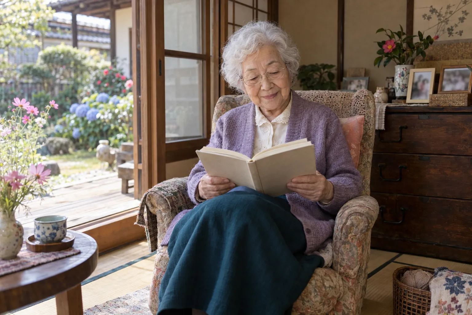 使い慣れた肘掛け椅子で本を読む女性