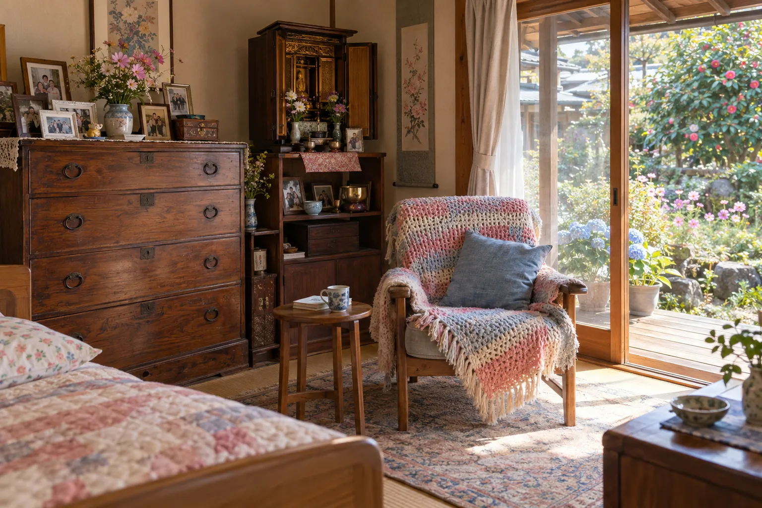 使い慣れたたんす、小さな仏壇の棚、家族の写真、読書の椅子がある個室