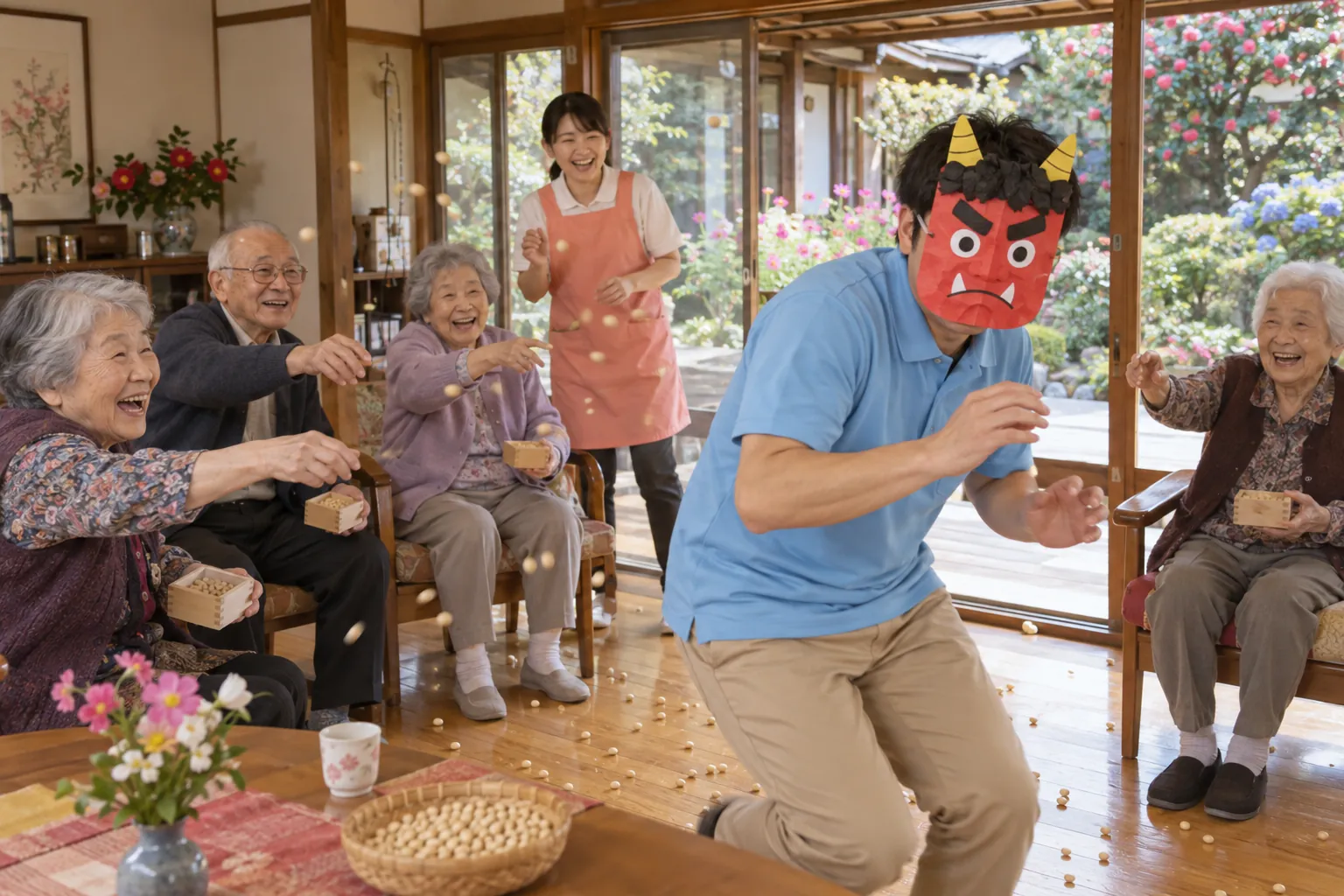 赤い鬼の面をかぶった職員に、入居者が笑いながら豆をまく