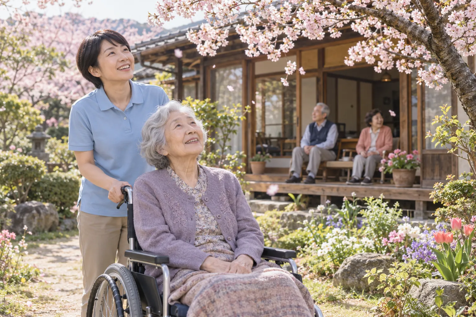 車いすのまま、庭の桜の下でお花見。
