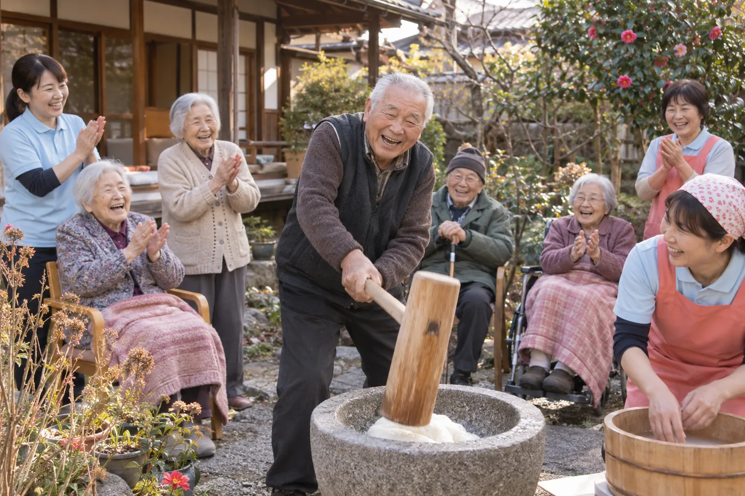 お正月は、庭でもちつき。
