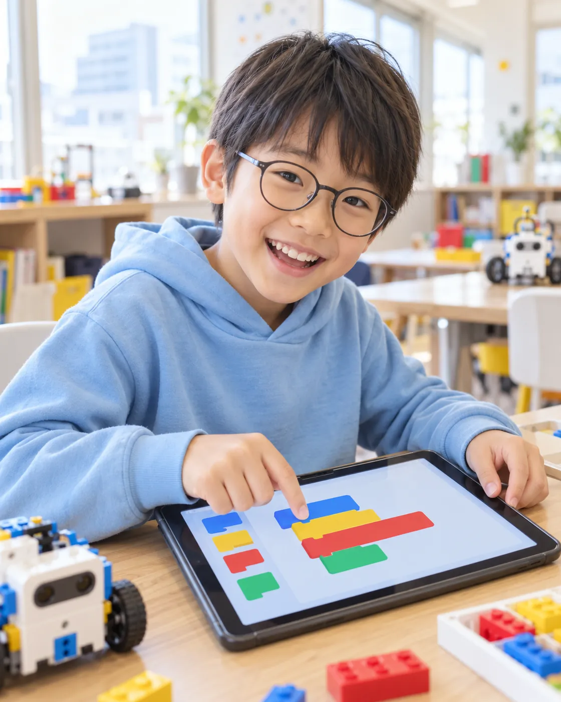 タブレットで色のブロックを組みながら笑う男の子