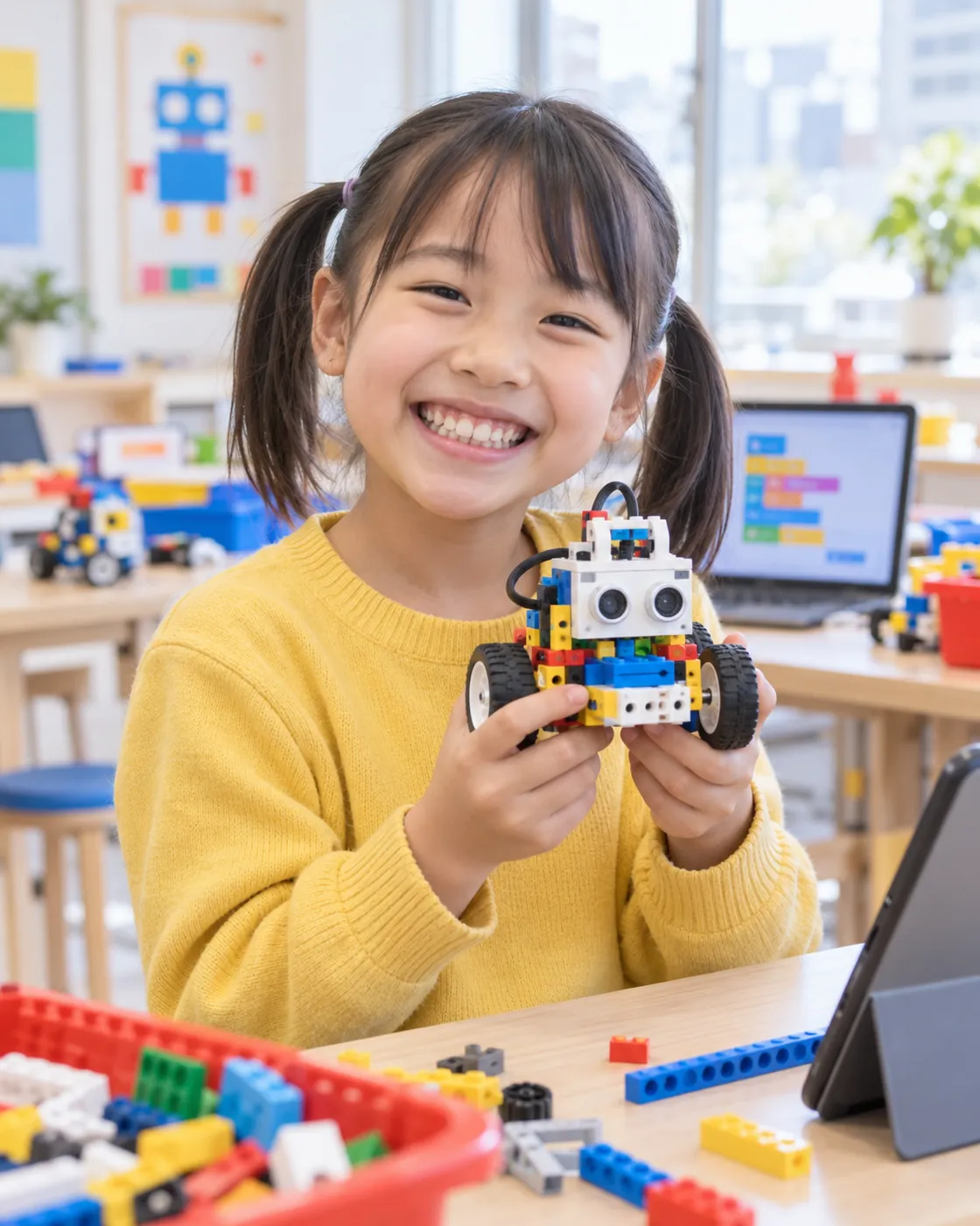 自分で組んだロボットを両手で持ち、笑う女の子