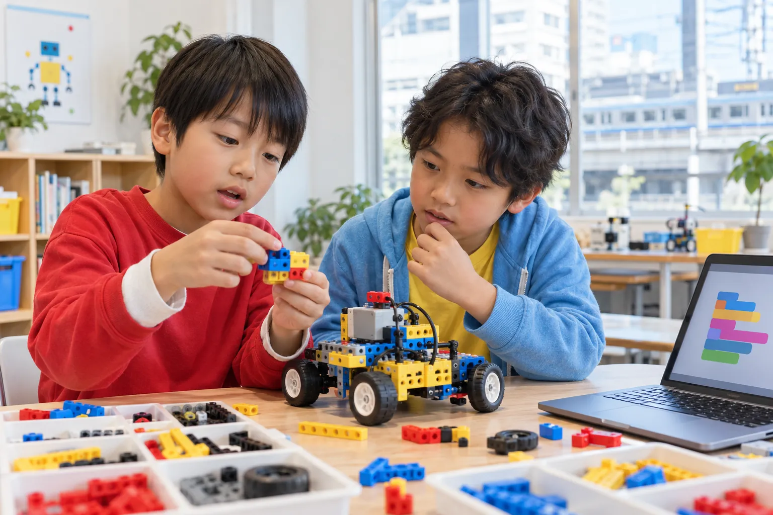 ロボットカーの直し方を相談する2人の男の子