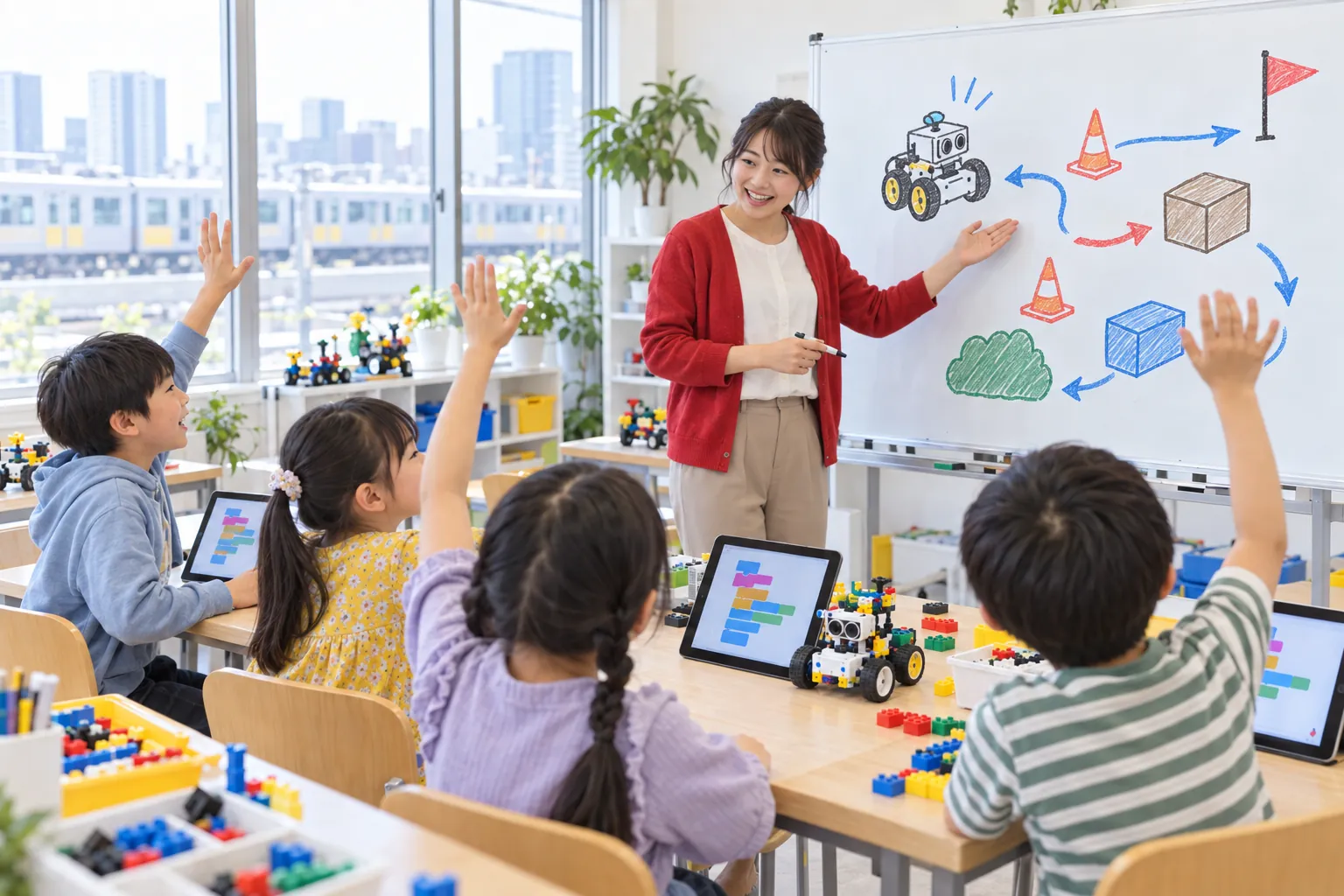 ホワイトボードで今日のおだいを説明する先生と、手をあげる子どもたち