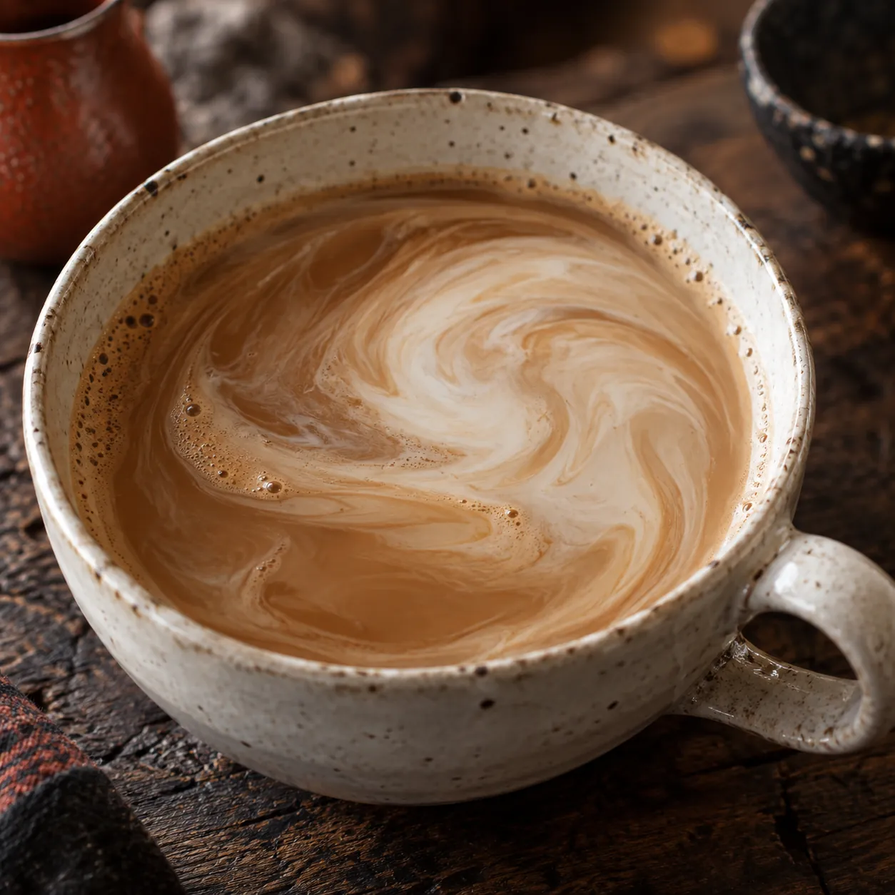 灰白の器に、ミルクの渦が残るカフェオレ